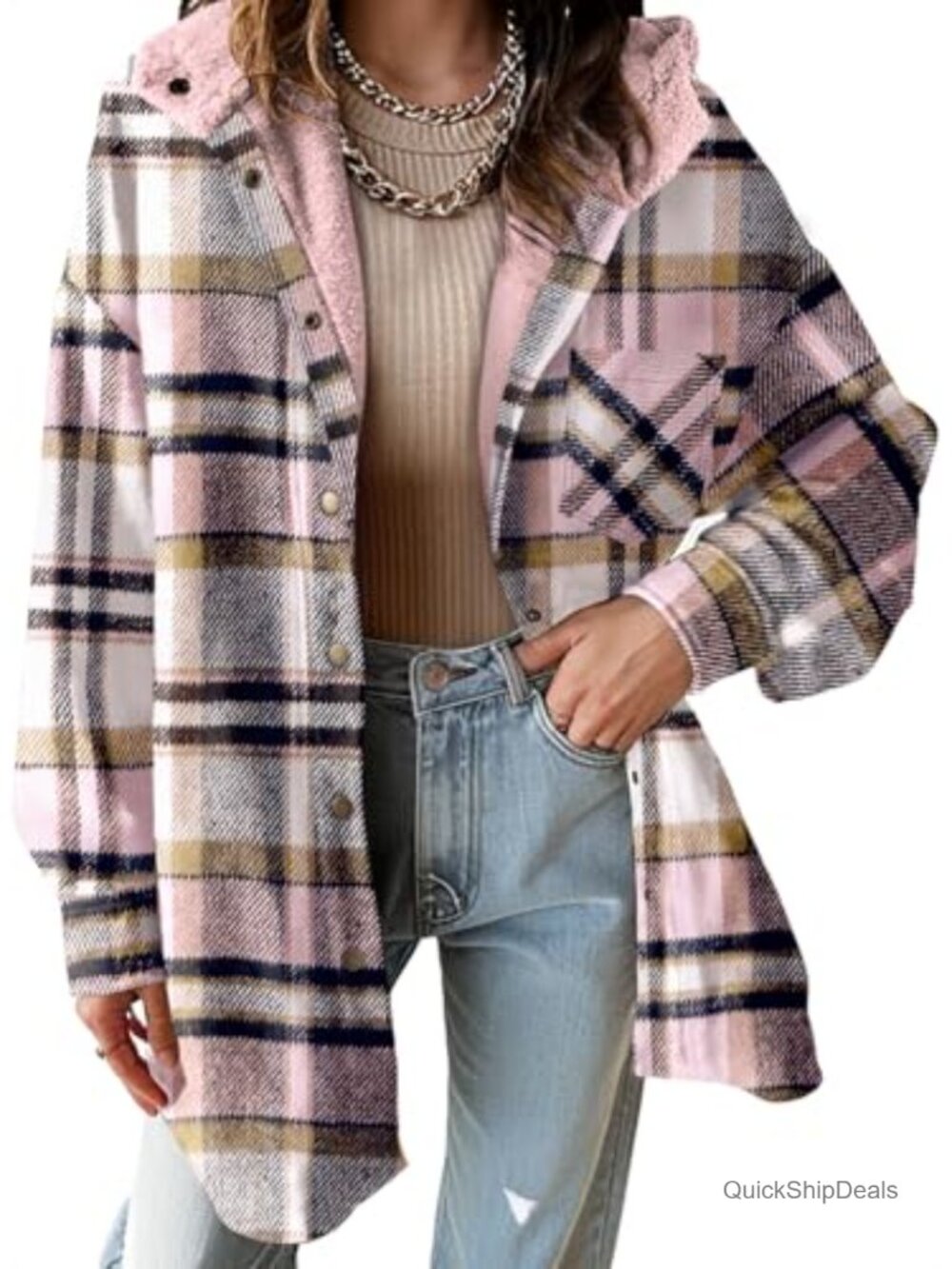 Flannel Hooded Plaid Shacket Thick Fleece Jacket Oversized Chunky Winter